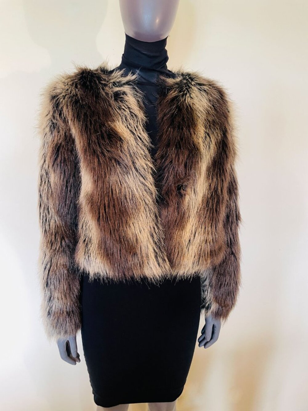 Forever 21 Cropped Two-Town Brown Faux Fur Fluffy Coat with Open Front Jacket